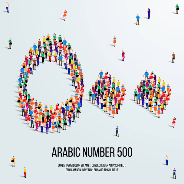 Большая группа людей формируется для создания числа 500 или 500 по-арабски. Шрифт или номер. Векторная иллюстрация арабского числа 500. - Вектор,изображение