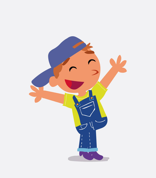 personaje de dibujos animados de niño en jeans celebrando algo con alegría - Vector, imagen