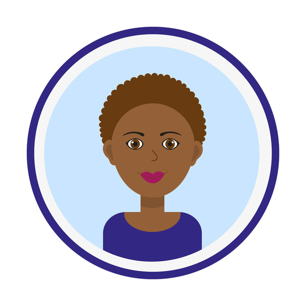 Female avatar. Cute black woman portrait on blue background. Smiling girl face with curly short haircut. Isolated vector illustration. - ベクター画像