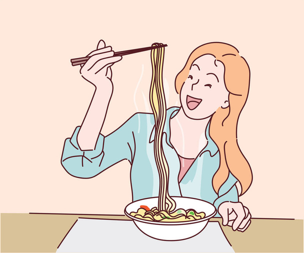 Young woman eating noodles in chinese restaurant. Hand drawn in thin line style, vector illustrations. - Vector, Image
