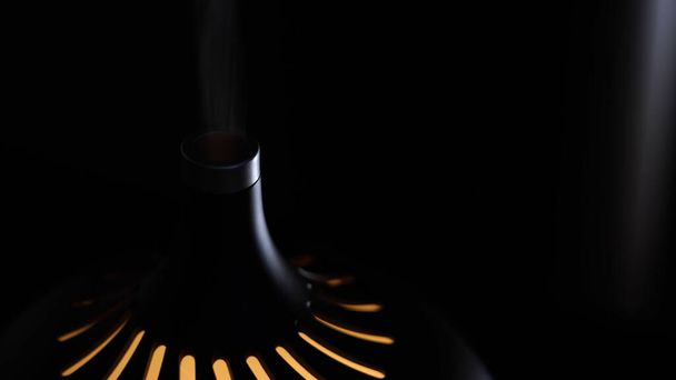 Close up de um umidificador de ar ligado em um quarto escuro com clarão. Conceito. Pele hidratante, eletrodomésticos para o conforto da vida. - Foto, Imagem