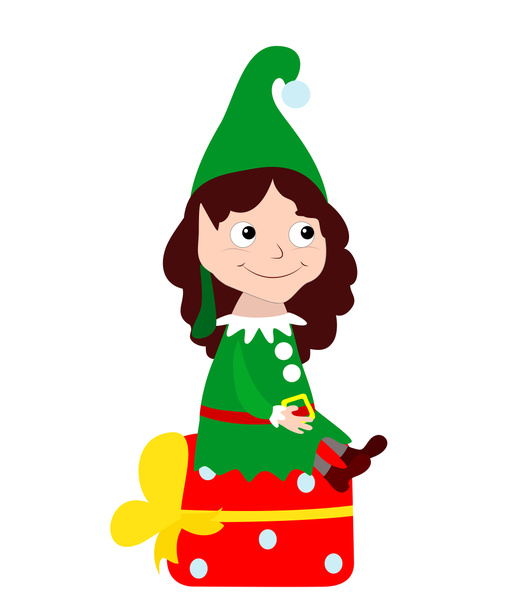Yeşil elbiseli sevimli elf kızı büyük kırmızı bir hediyeye oturup gülümsüyor. Noel tasarımı, tebrik kartları, sosyal ağlar için beyaz arkaplanda çizgi film karakteri. - Fotoğraf, Görsel