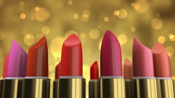 Gold color lipstick product in the shop showcase on abstract yellow background - Footage, Video