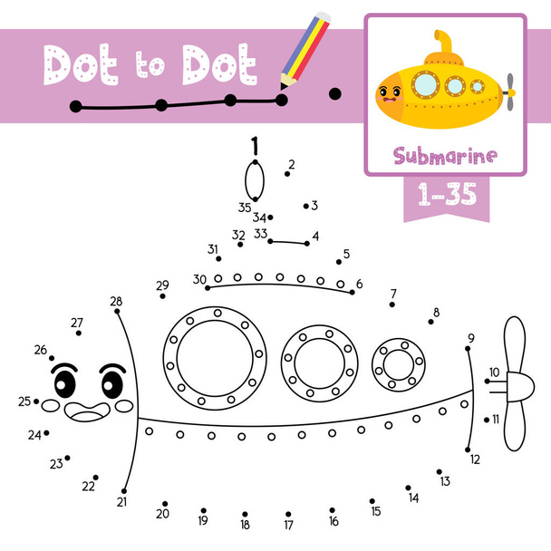 Dot to dot educational game and Coloring book of cute Submarine cartoon transportations for preschool kids activity about counting number 1-35 and handwriting practice worksheet. Vector Illustration. - Vector, imagen