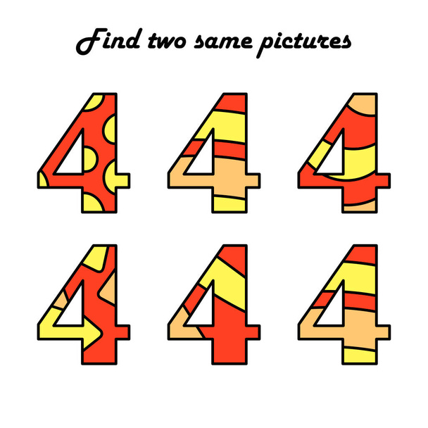Find two identical pictures. A puzzle game for children. Numbers. Four. Education and entertainment. Logical worksheet for preschool kids. Vector illustration. - Vector, Image
