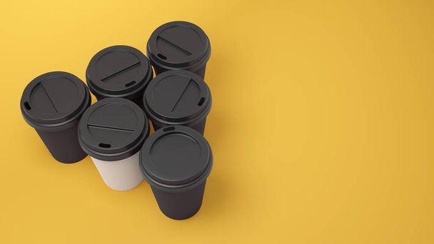 Üçgen şeklinde duran bir grup siyah kahve fincanı. 3B oluşturulmuş resim. - Fotoğraf, Görsel
