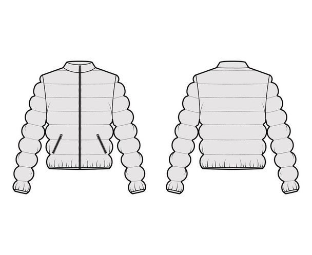 Dolů nafukovací kabát technické módní ilustrace s dlouhými rukávy, stojan límec, délka boku, klasické prošívání - Vektor, obrázek