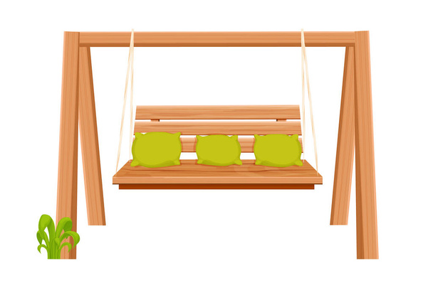 Drewniane meble ogrodowe huśtawka, ławka wisząca w stylu kreskówki izolowane na białym tle. Wiejskie wygodne siedzenie. Ogród, dekoracja parku. - Wektor, obraz