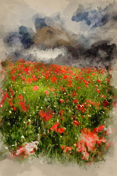 Digitális akvarell festmény élénk szín piros kakis mező táj alatt viharos ég - Fotó, kép