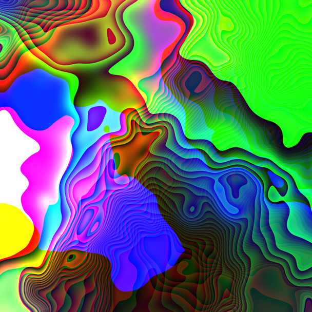 Vivid colorful bright 3D illustration neon wavy shapes, psychedelic candy shiny overlapping design in reflection of neon green blue violet pink and yellow colors - Photo, Image