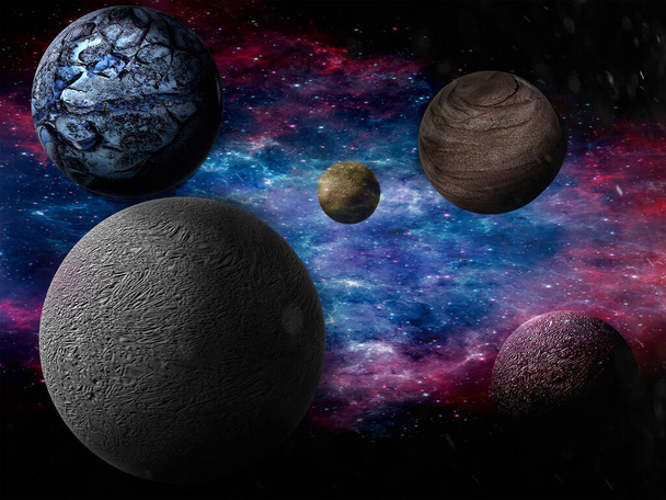 Illustrazione di pianeti e nebulose in una visione dell'universo, Big bang - Foto, immagini