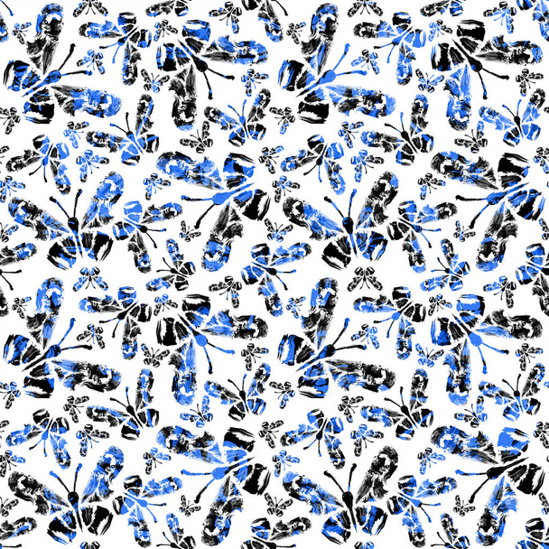 Abstract butterfly seamless pattern in blue, white and black colors. Grunge splash draw paint - Photo, Image