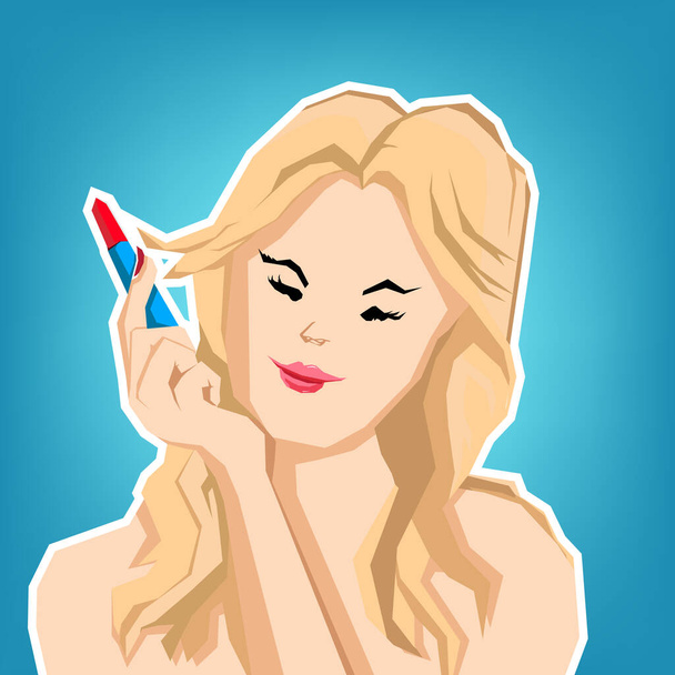 Beautiful woman applying lipstick to her mouth doing cosmetic makeup ,illustration flat design - Vector, Image