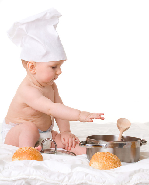 Baby, spoon, pot and bread isolated on white background - Photo, Image