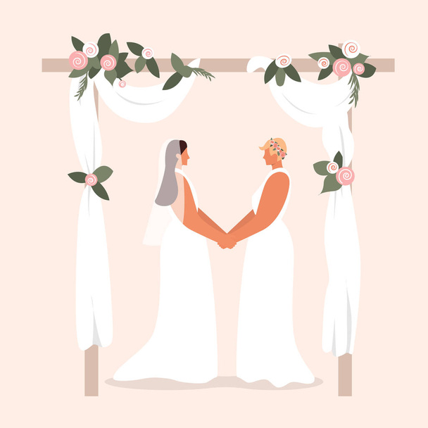 Um casal lésbico feliz. Casamento LGBTQ. Duas noivas lésbicas dão as mãos sob um belo arco decorado com flores. Modelo de vetor para cartão de saudação, cartão de convite, cartaz, panfleto. Eps 10. - Vetor, Imagem
