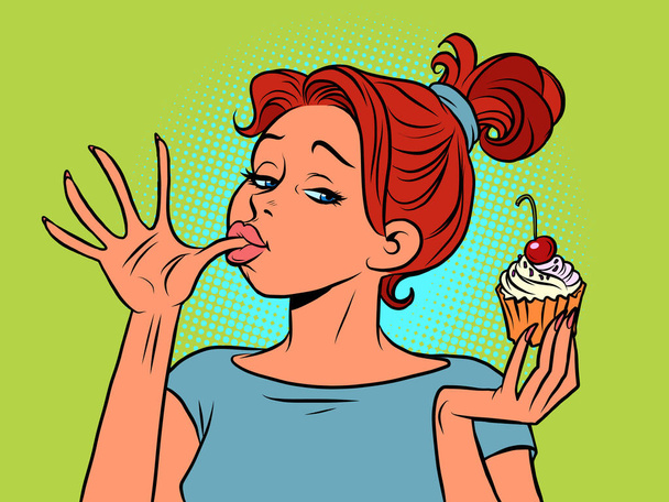 A woman eats a sweet, licks her fingers. ice cream - Vektör, Görsel