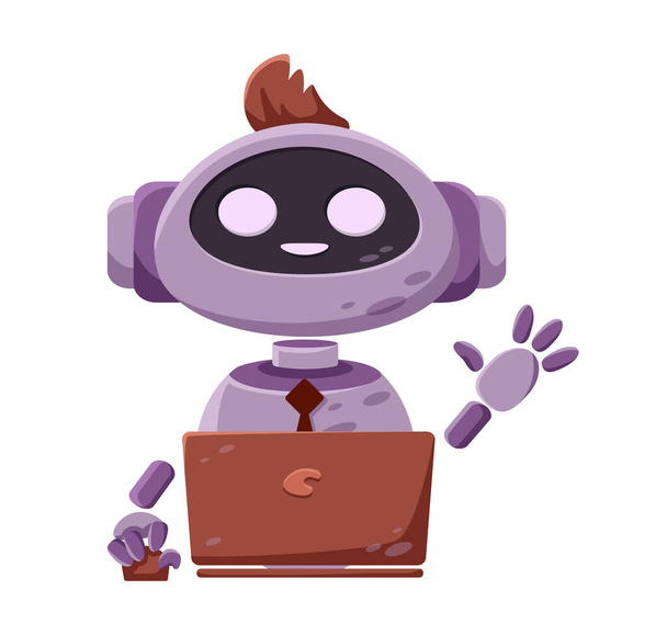 ネクタイのかわいい紫色のチャットボットは、メッセージに答えて、コンピュータに座っています。漫画スタイルのベクトルイラスト、隔離されたフラット - ベクター画像