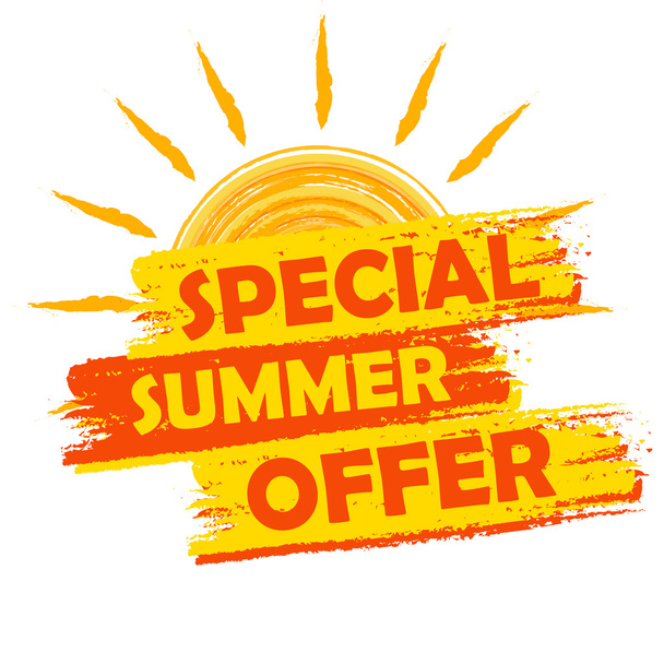 Offerta speciale estate con cartello solare, labe trafilato giallo e arancione
 - Foto, immagini