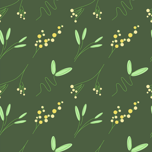 Sarı mimoza çiçeklerinin kusursuz minimalist deseni ve kumaş tekstili için koyu yeşil arka plan çiziminde yapraklı yeşil bambu dalları ve çimenler. - Vektör, Görsel