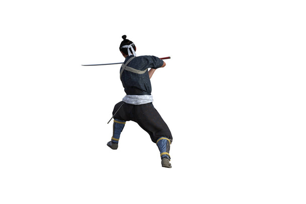 Chinese vechter poseert met zwaard voor uw scènes speciaal voor collage, geïsoleerd op witte achtergrond. 3D illustratie. 3D-weergave. - Foto, afbeelding