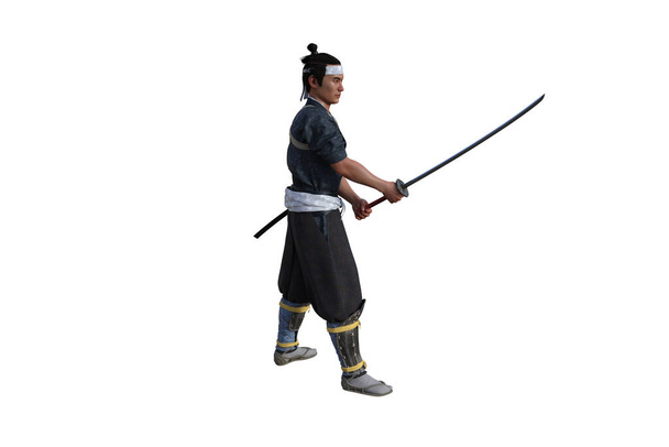 Chinesische Kämpfer posieren mit Schwert für Ihre Szenen speziell für Collage, isoliert auf weißem Hintergrund. 3D-Illustration. 3D-Rendering. - Foto, Bild