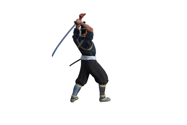Čínský bojovník pózuje s mečem pro vaše scény speciálně pro koláž, izolované na bílém pozadí. 3D ilustrace. 3D vykreslování. - Fotografie, Obrázek