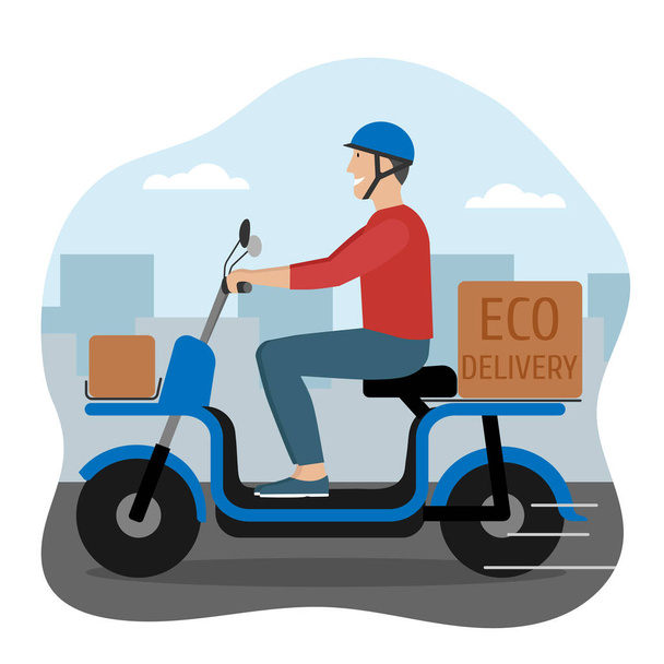 Hombre en casco a caballo scooter bicicleta eléctrica con cajas en la ciudad.  - Vector, imagen