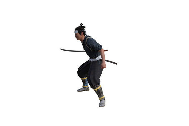 Kínai harcos pózol karddal a jelenetek kifejezetten kollázs, elszigetelt fehér háttérrel. 3D illusztráció. 3D renderelés. - Fotó, kép