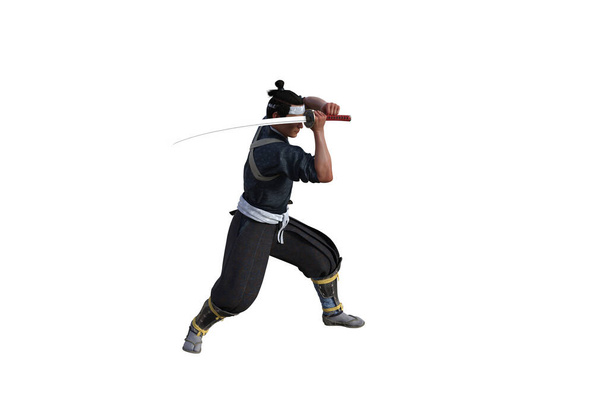 Čínský bojovník pózuje s mečem pro vaše scény speciálně pro koláž, izolované na bílém pozadí. 3D ilustrace. 3D vykreslování. - Fotografie, Obrázek