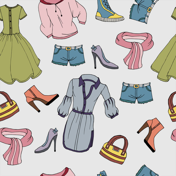 бесшовный узор, иллюстрация, разноцветная женская одежда и обувь, платье, туника, шорты, блузка, обувь, кеды, сумка, шарф, сапоги - Вектор,изображение