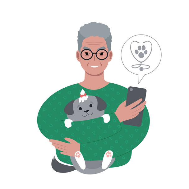 senior caucasian man with a tiny dog searching for veterinarian online from smartphone. - Vector, Image