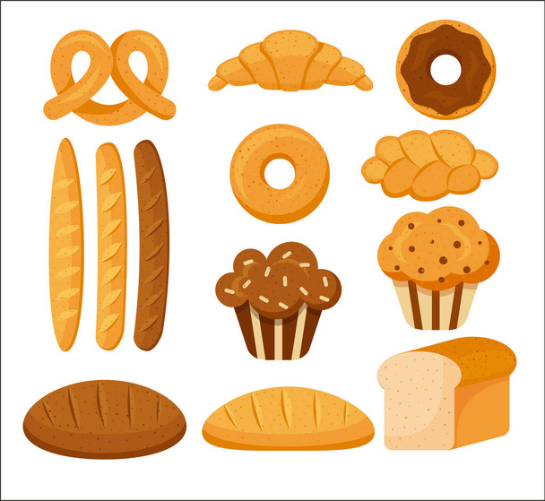 Set van bakkerijproducten. PASTRY bakken, CROISSANT. LEES, BATON, PELETENKA, CUPCAKE CARTOON STYLE EPS 10 - Vector, afbeelding