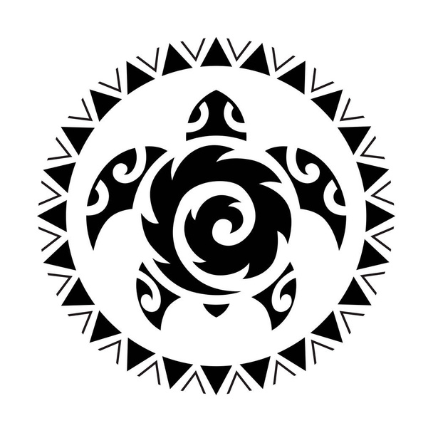 Zeeschildpad in de Maori stijl. Tatoeëren schets rond cirkel ornament. Schildpadlogo, symbool, embleem. - Vector, afbeelding