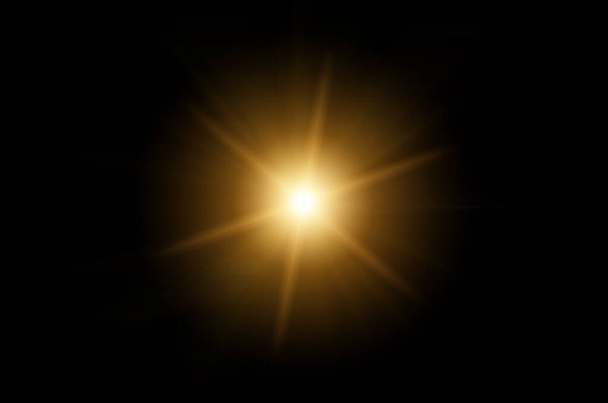 Illustration of bright shining blue light with lens flare lines and bokeh on black background. Sun burst with digital lens flare on black background. Star flash with rays. - Photo, Image