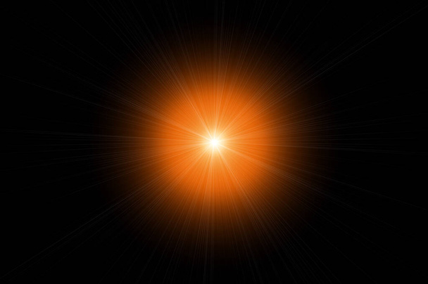 Illustration von hell leuchtendem blauem Licht mit Linsenschlaglinien und Bokeh auf schwarzem Hintergrund. Sonne platzt mit digitalem Linsenblitz auf schwarzem Hintergrund. Sternenblitz mit Strahlen. - Foto, Bild