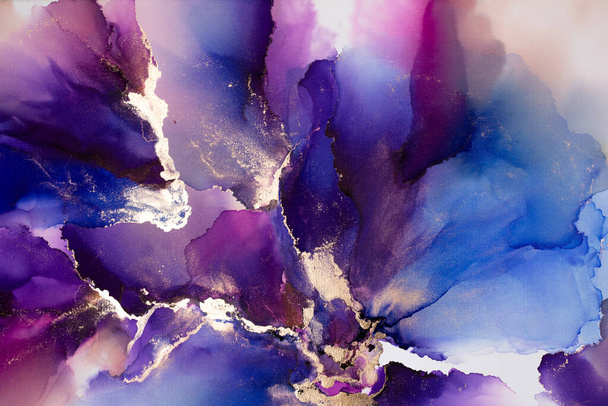 Arte fluido abstracto. Tinta de alcohol sobre lienzo. Azul, púrpura y oro. - Foto, imagen