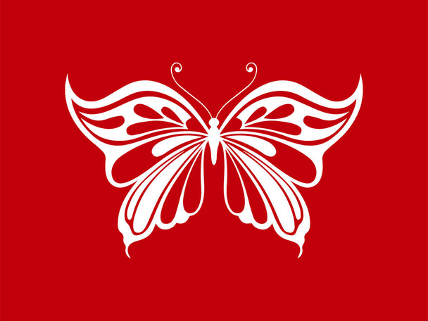Kelebek motifi veya beyaz kelebek kırmızı arkaplanda izole edilmiş.  - Vektör, Görsel