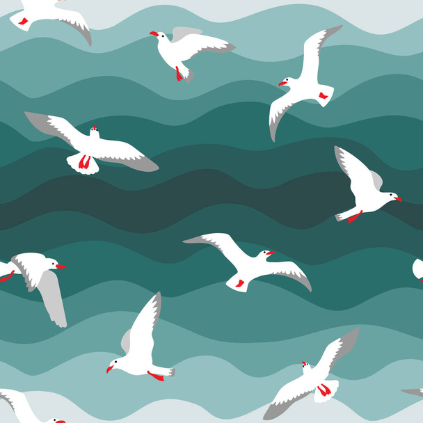 Vector seamless pattern in the style of flat seagulls over the waves - Vettoriali, immagini