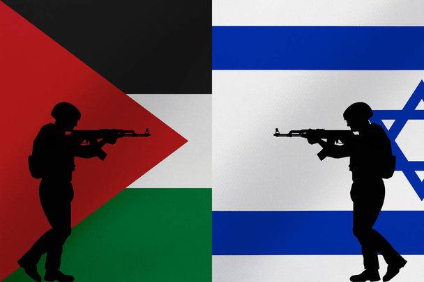 Солдат или полиция в боевой позиции с винтовкой на фоне флагов Палестины и Израиля. - Фото, изображение