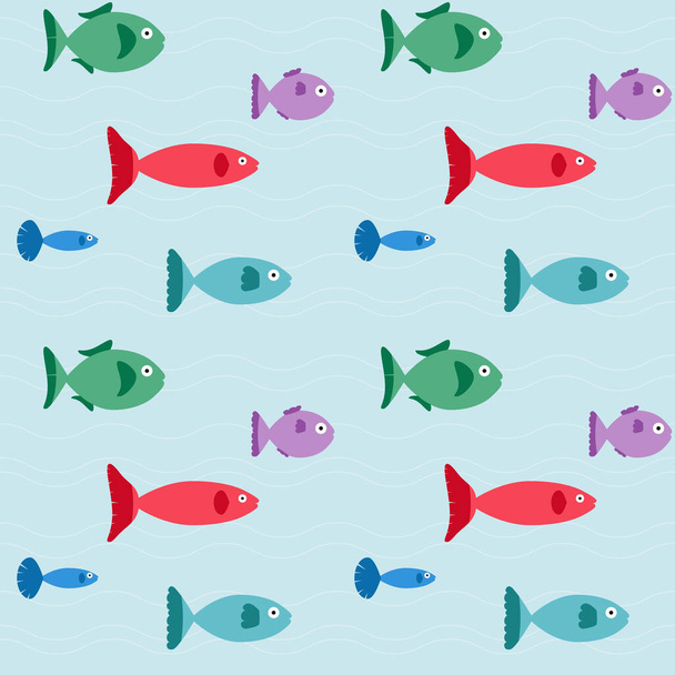 Pattern with the image of colorful fish on a blue background with waves - Vector, afbeelding