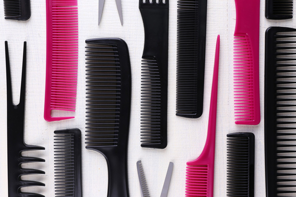 Professional hairdresser tools  on color wooden background - Photo, Image