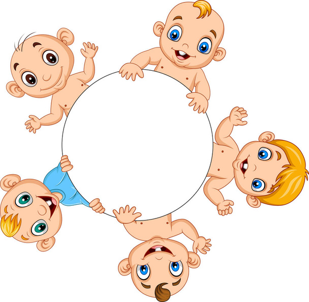 Векторная иллюстрация группы мультяшных мальчиков с пустой рамкой круга - Вектор,изображение