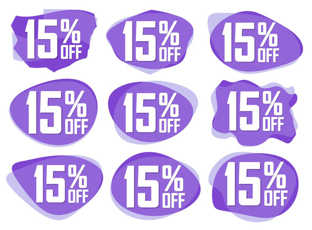 Set Sale 15% off banners, discount tags design template, διαφημιστικά εικονίδια εφαρμογών, διανυσματική απεικόνιση - Διάνυσμα, εικόνα