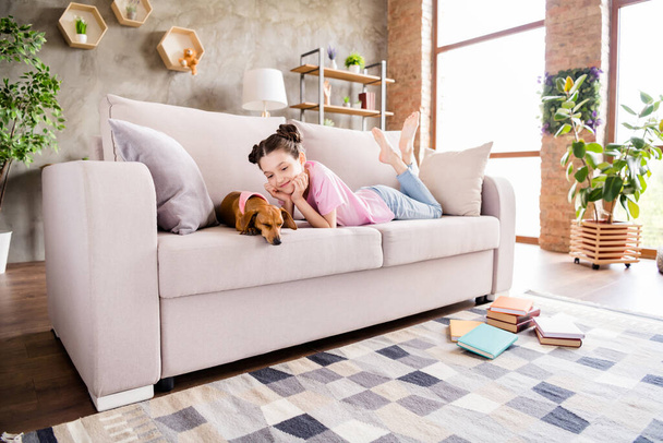 Photo of charming funny school girl wear pink t-shirt lying sofa looking dachshund dog indoors house home room - Foto, Imagem