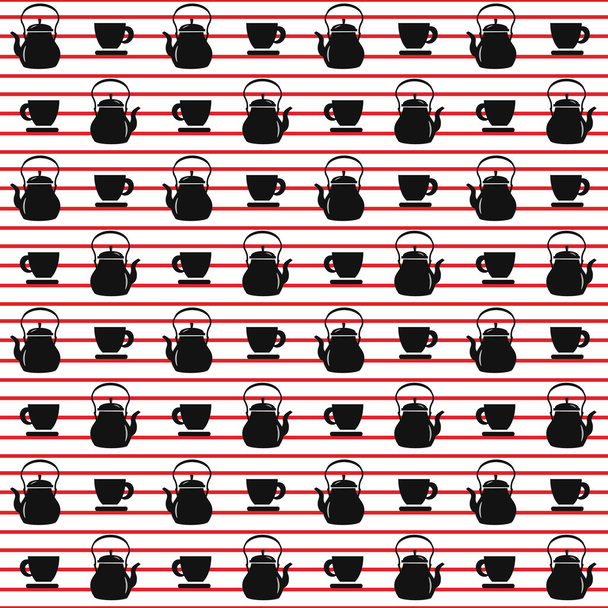 Pattern with cups and teapot. Background with red stripes.  - Vektör, Görsel