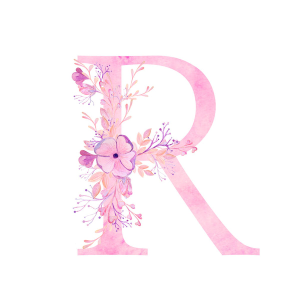 Pink letters with flowers. Romantic, delicate watercolor font. - Foto, afbeelding