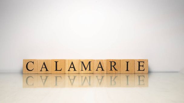 Il nome Calamarie è stato creato da cubi di lettera di legno. Frutti di mare e cibo. vicino. - Foto, immagini