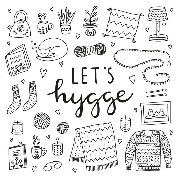 Set of doodle outline hygge icons in Scandinavian style and lettering isolated on white background. Nordic lifestyle poster. - Vecteur, image