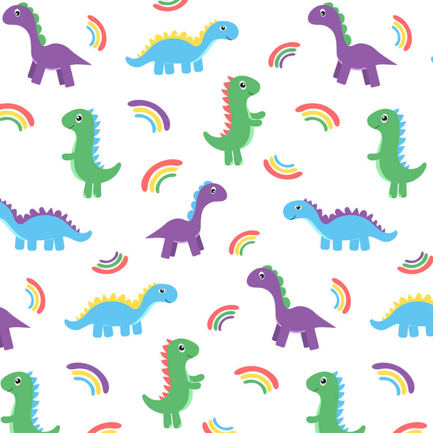  Dinozorlar ve gökkuşağı ile çok renkli çocuksu desen - Vektör, Görsel