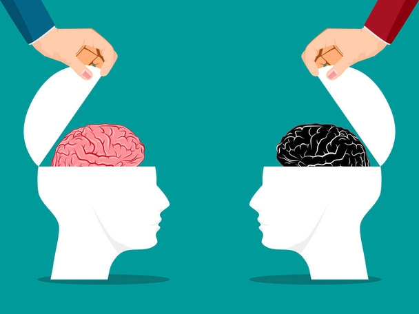 人間の頭の両側に脳で開かれた。ビジネスコンセプト - ベクター画像
